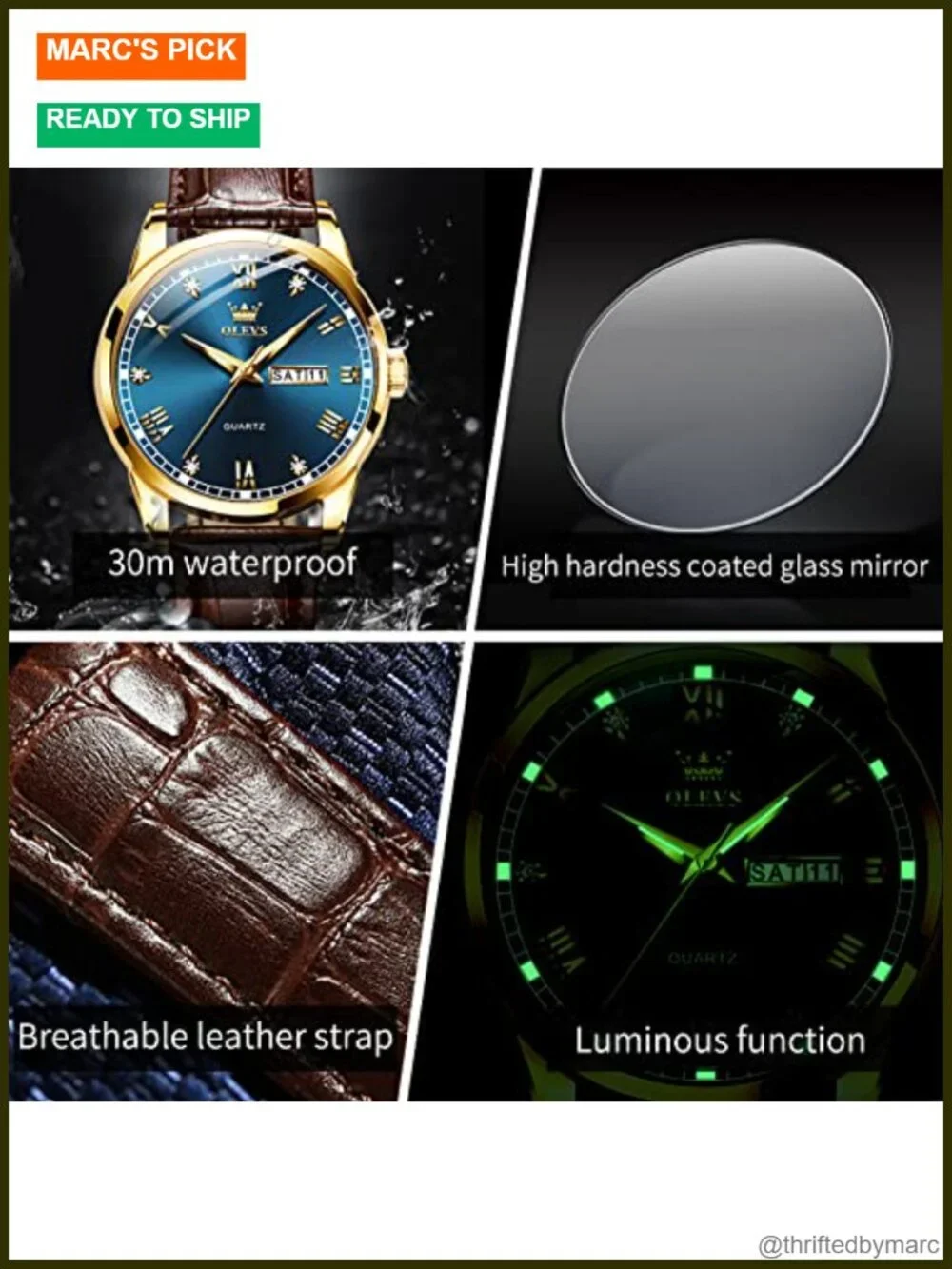 Mens Leather Watch Quartz Brown Band Dress Watch Gold Case Day Date Business